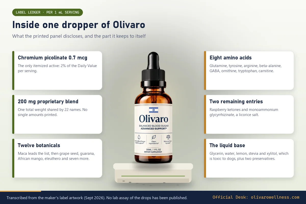 Infographic: Olivaro bottle on a stone plinth with six cards describing chromium 0.7 mcg, the 200 mg blend, twelve botanicals, eight amino acids, two other entries and the liquid base